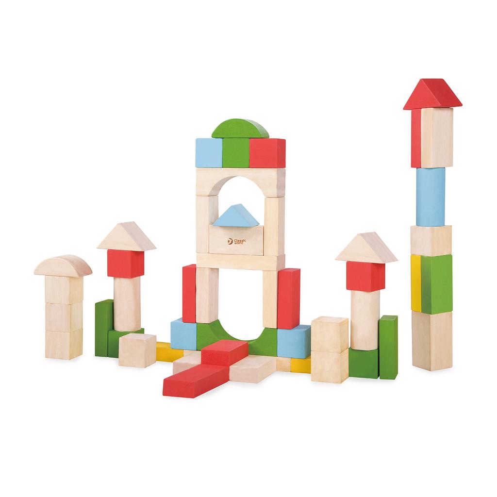 Classic World Educational Toy Building Blocks Set, Colorful Wooden Toy, 50 Pieces, for Girls and Boys, Ages 1.5 to 18 Months, 2, 3, 4, 5, Baby Shower