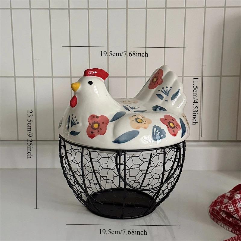 Chicken Design Ceramic Egg Storage Basket Iron Basket Holds 15-25 Eggs, Egg Holder, Organizer Case, Container Egg Basket Holder
