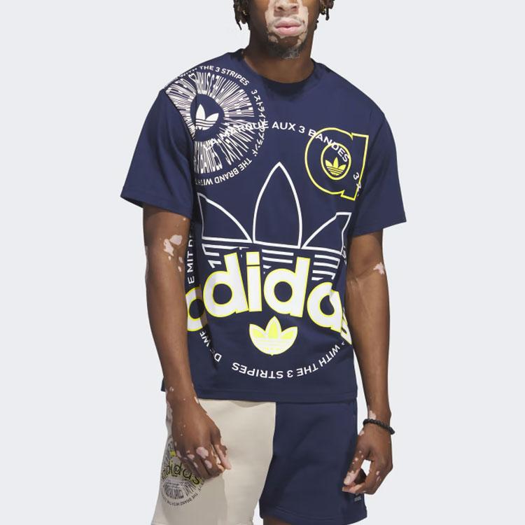 Adidas Originals Multi Logo Tee Letter Print Round Neck Short Sleeve T-Shirt Men Tops Night-Blue IJ5232