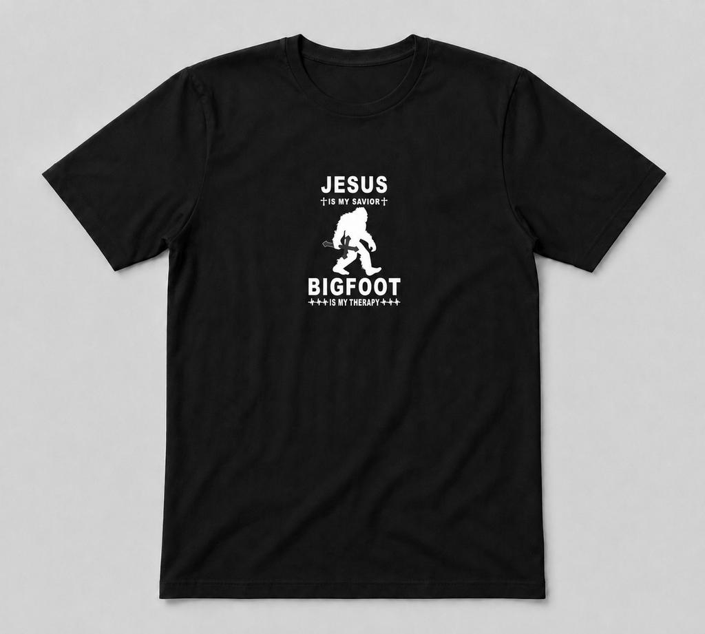 Jesus Is My Saviot Bigfoot Is My Therapy Bigfoot Unisex Black T-shirt