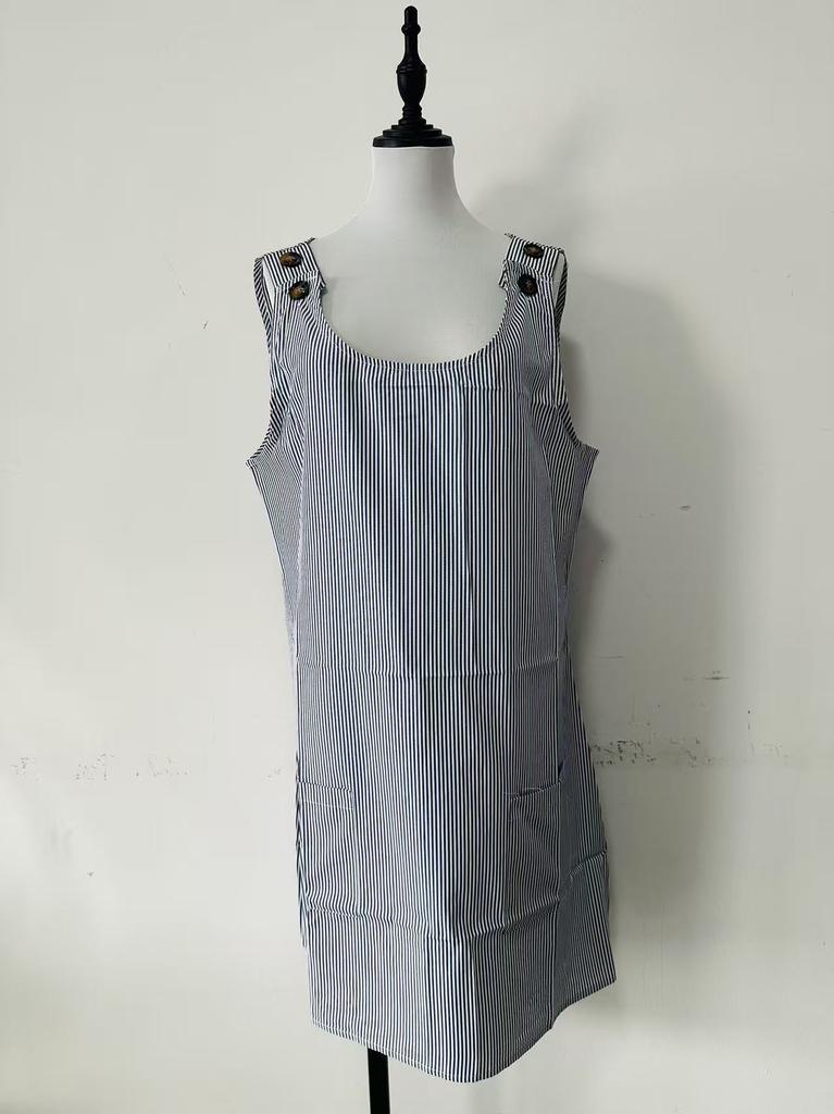 European and American coats new round neck pockets striped straps button casual dress