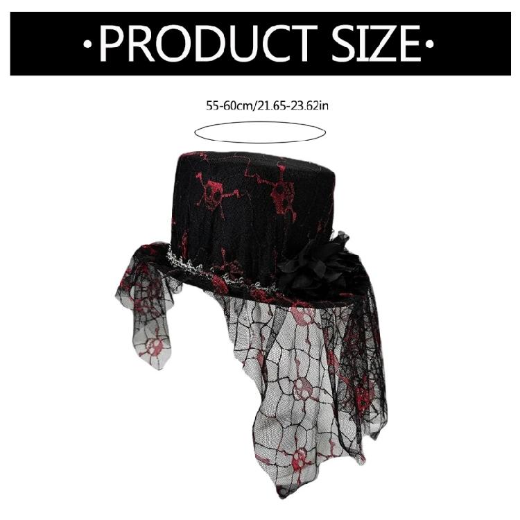 Wide Border Witch Hat Flower Decorative Hat Skull Pattern Hat Vintages Look Hat for Dress Up Event