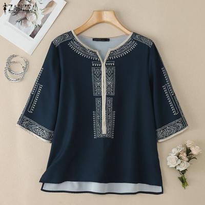 Women Casual V-Neck 3/4 Sleeve Loose Print Blouse