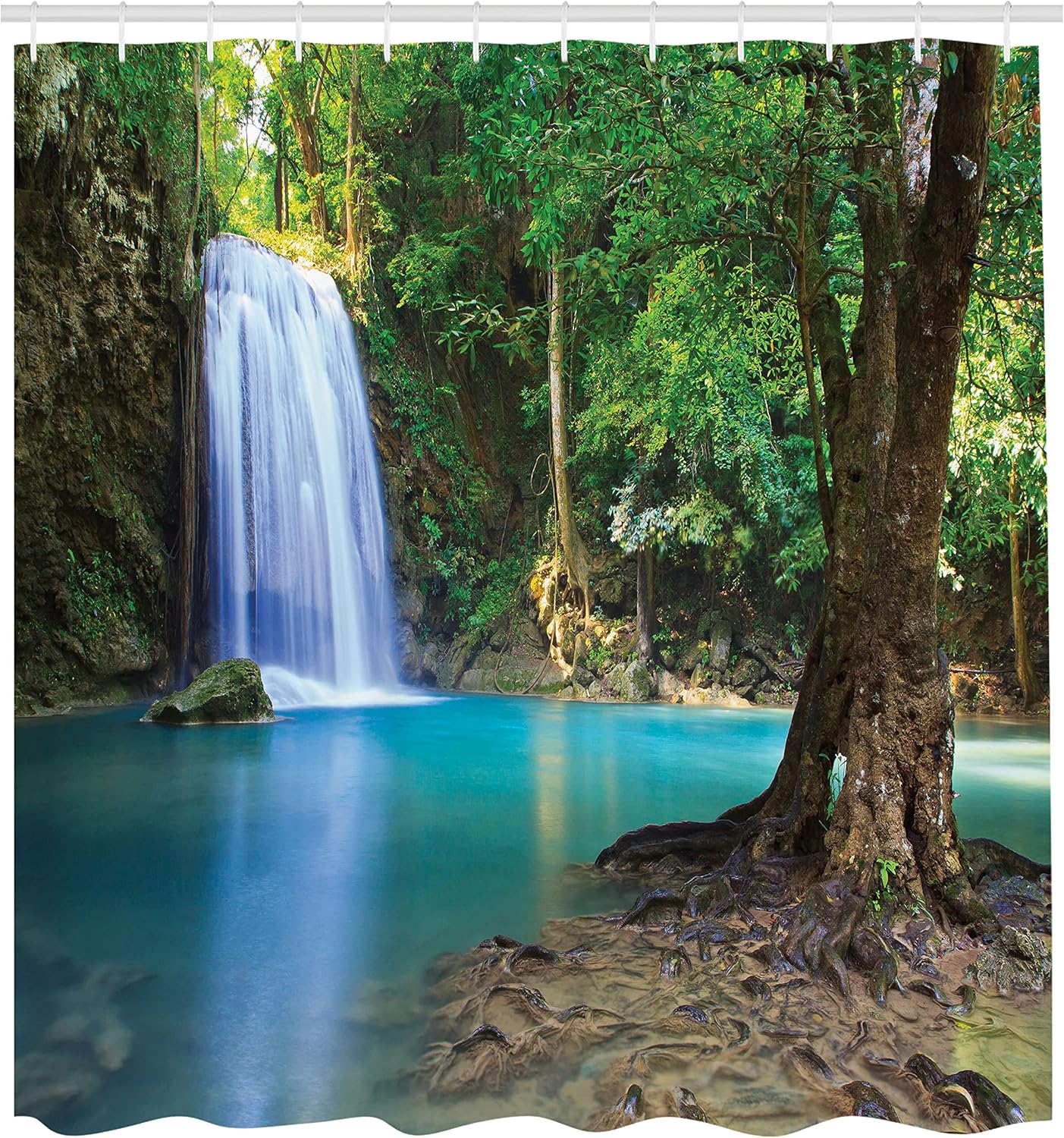 

Woodland Shower Curtain, A Waterfall In Asia Thailand Jungle Of Tropic Plants And Trees Tourist Attraction Artwork, Cl W60H190(CM)-1 Pcs