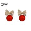 Women Ear Studs 1 Pair Earrings Rhinestone Bow Red Faux