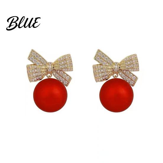 Women Ear Studs 1 Pair Earrings Rhinestone Bow Red Faux