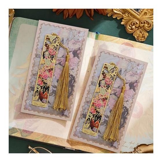 Elegant Metal Bookmark with Pink Floral Design, Hollow Trim, Tassel, Retro Engraved Book Page Marker for Women, Girls, Teachers, Friends, Lovers -