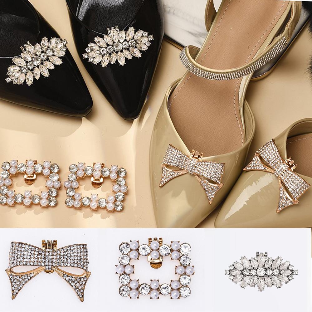 Women High Heel Shiny Decoration Clips Pearl Rhinestone Shoe Clip Wedding Bride Bows Pearl Shoes Crystal Decoration Shoe Buckle