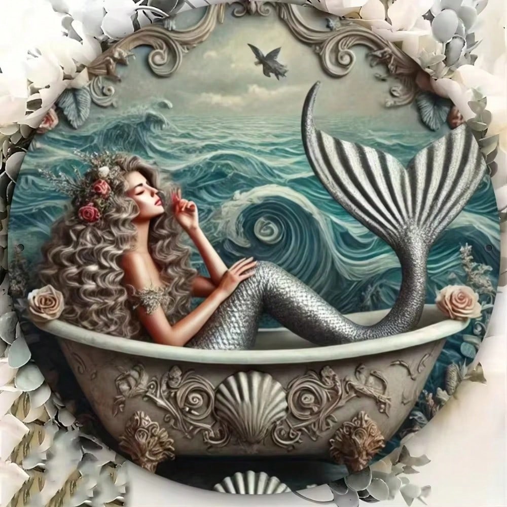 MermaidOceanPro 1PC Waterproof Metal Round Wall Art Nautical Coastal Ocean Home Decor