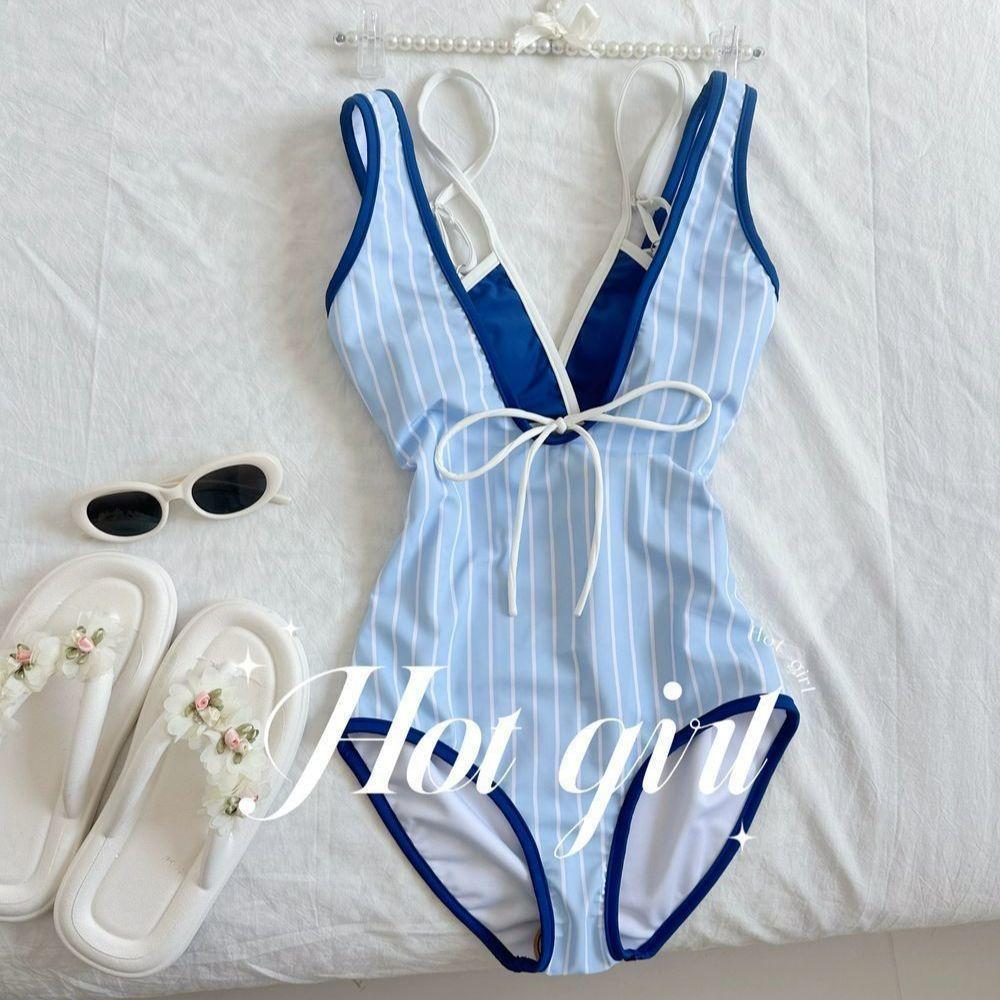 Y2k Blue & White Striped One-Piece Swimsuit Women Beach Style Slim Fit Vacation Sexy Hot Girl Elegant Swimwear Vacation Summer M синий