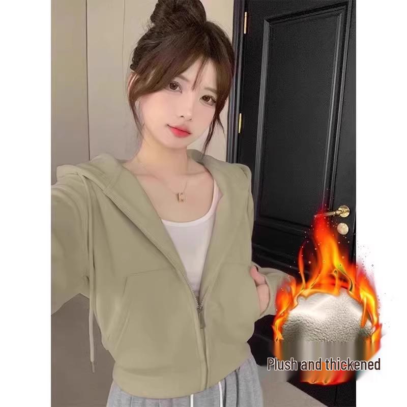 Women's Petite Gray Fleece-Lined Hooded Sweatshirt, Thickened, Short Jacket for Autumn and Winter