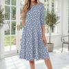 Women’s Floral Print Midi Dress with Crew Neck Three Quarter Sleeves Soft Fabric Casual A Line Fit for Daily Wear