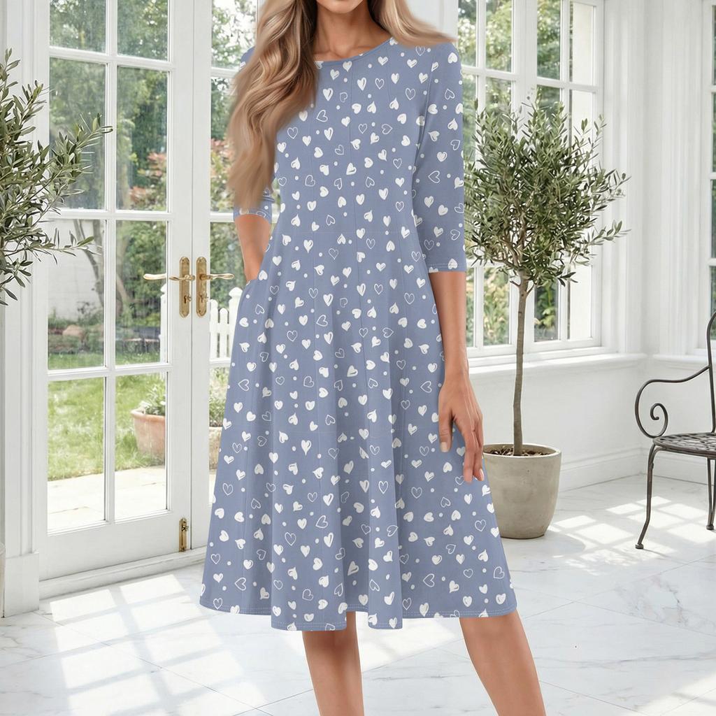 Women’s Floral Print Midi Dress with Crew Neck Three Quarter Sleeves Soft Fabric Casual A Line Fit for Daily Wear