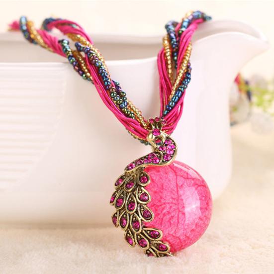 Bohemian Women Rhinestone Inlaid Peacock Round Faux Opal Pendant Necklace Gift