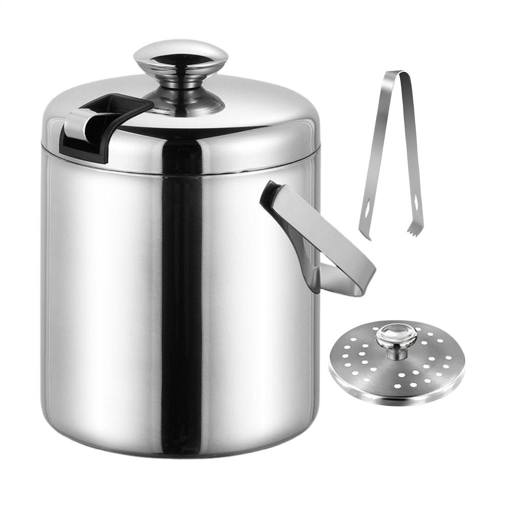 

Ice Bucket Double-Walled Wine Cooler 1.3L Stainless Steel Insulated Ice Bucket with Tongs Handle and Strainer for Cocktail