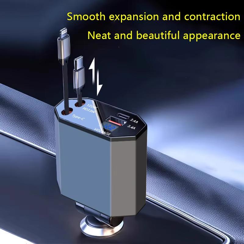 120W 4 in 1Retractable Super Fast Car Charger PD Qc3.0 USB C Cable for iPhone Huawei Samsung  Fast Charge Cord Adapter