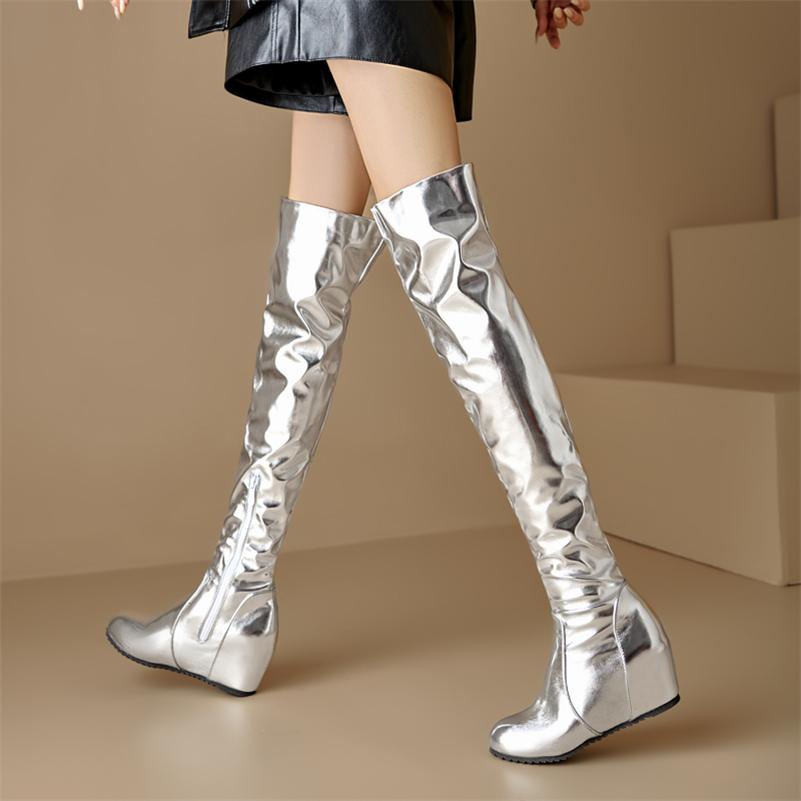 FOREADA Women Thigh High Boots Round Toe Height Increasing Pleated Zipper Metallic Long Boots Ladies Fashion Shoes Autumn Winter 43