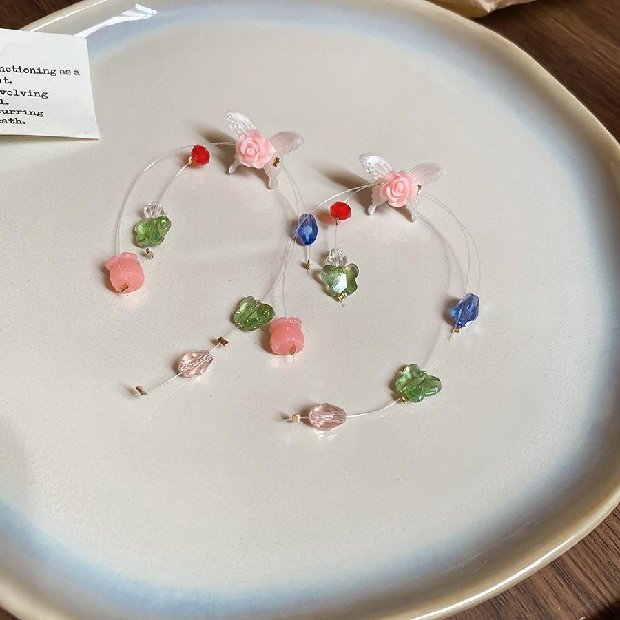 Resin butterfly flower glass fringed earrings fashion design stud earrings high sense fresh versatile earrings women