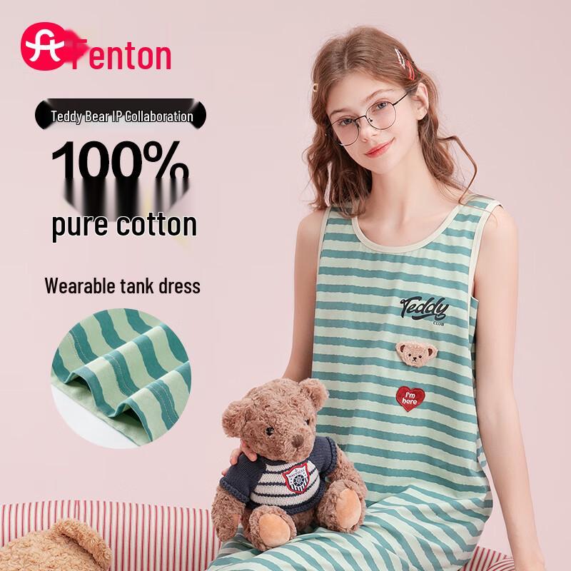 Fenteng Women s Teddy Bear Striped Sleeveless Nightgown L
