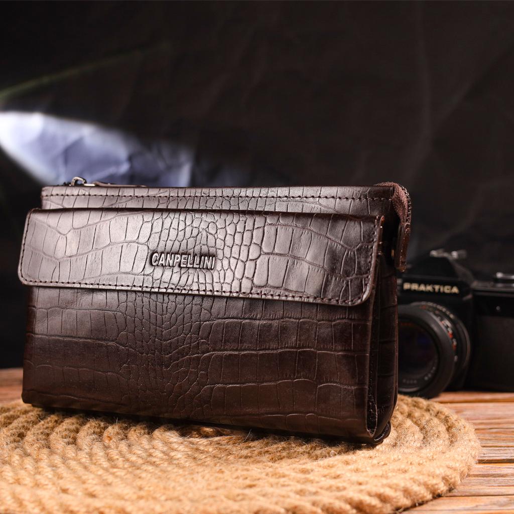 Fashionable Clutch for Men Made of Genuine Textured Leather CANPELLINI 21552 Brown