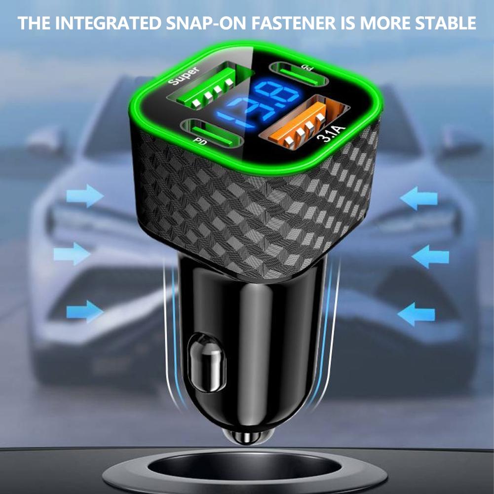 4 in 1 Car Charger Dual PD with Voltage Display USB Super Fast Charging Adapter for Smart Phone