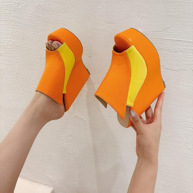 Fashion Fish Mouth Thick Sole Wedged-heel Mixed Color Outdoor Slippers Women Summer Waterproof Table Fashionable Sponge Bottom Sandals