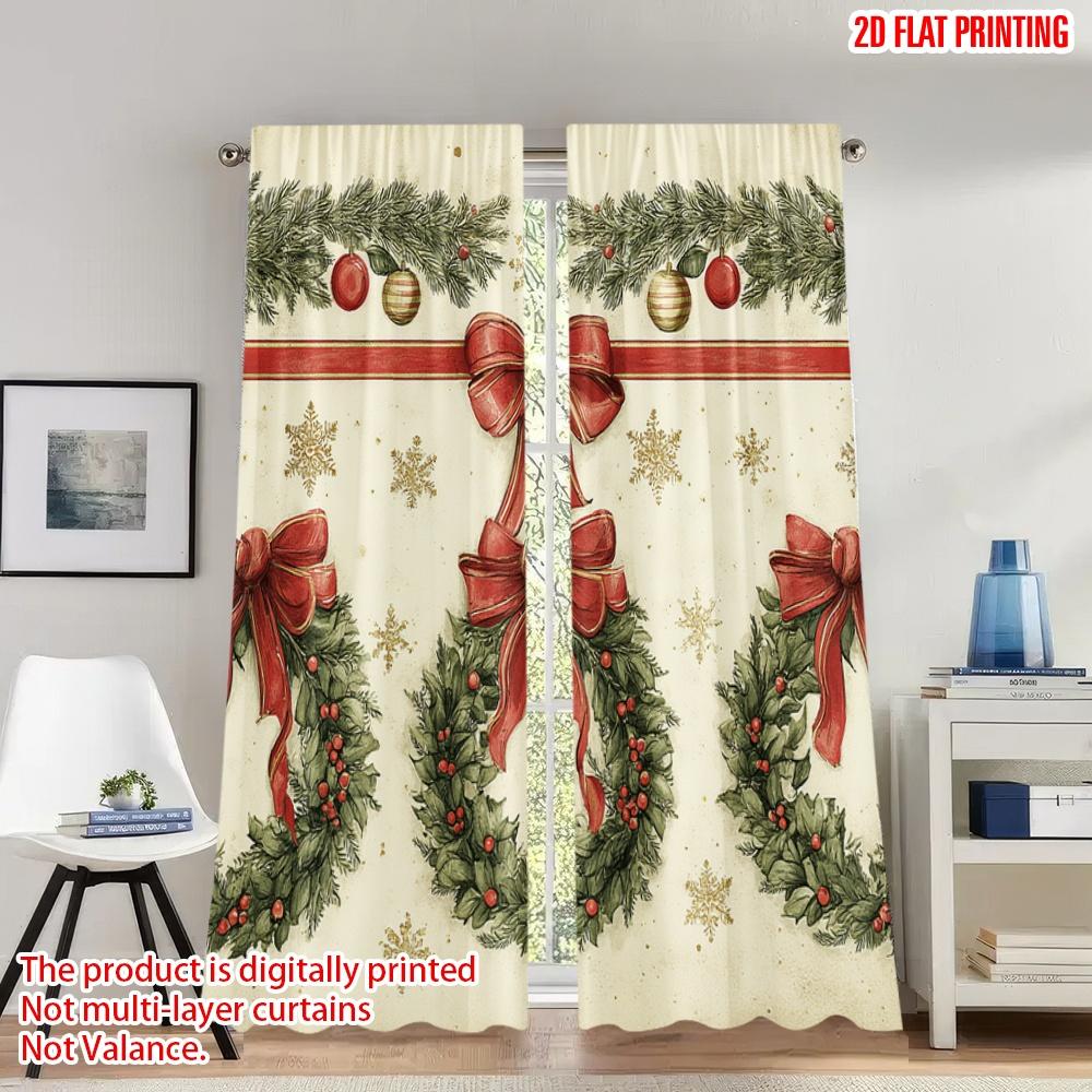 

Set Of 2 Flat Printing Christmas Party Curtains Wreath Garland Snowflakes Digital Printed Polyester Drapes Festive Wall Curtain W100*H70(CM)-Grommet top&1PCS
