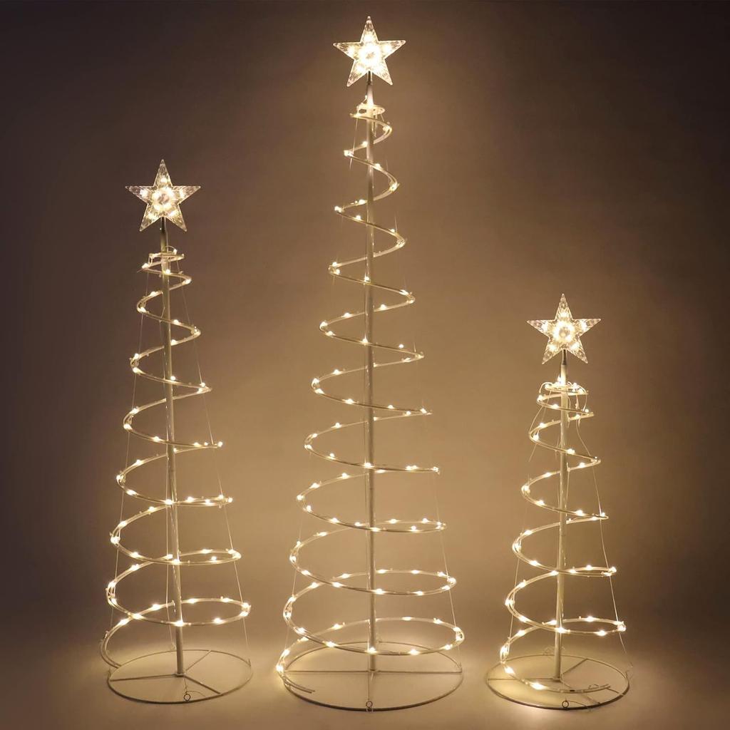 JOYFY 3 Pack Spiral Christmas Tree Light 218 LED Lighted Tree with Star Topper & Stakes for Christmas Decorations Xmas Eve Night