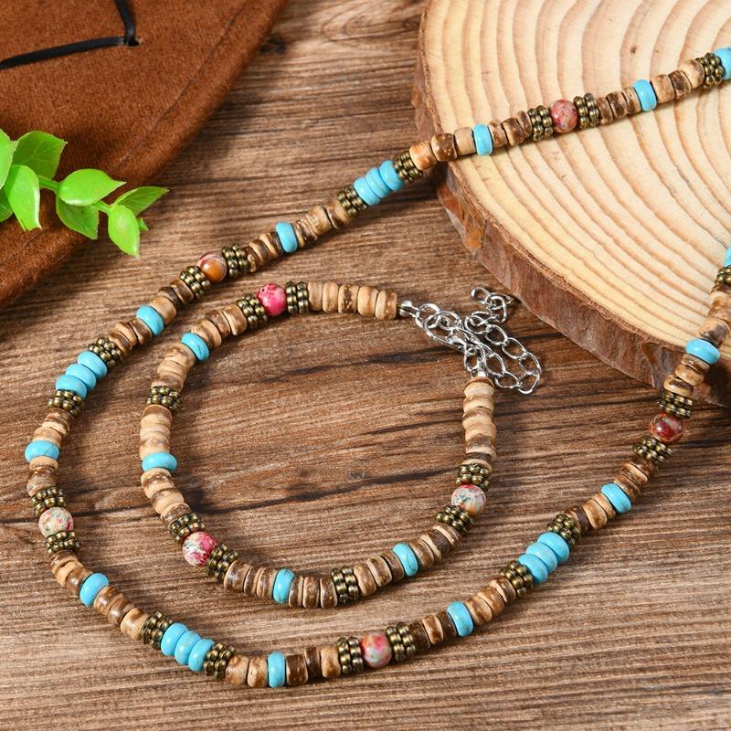 New Coconut Shell Turquoise Beaded Elastic Line Men's Bracelet Necklace