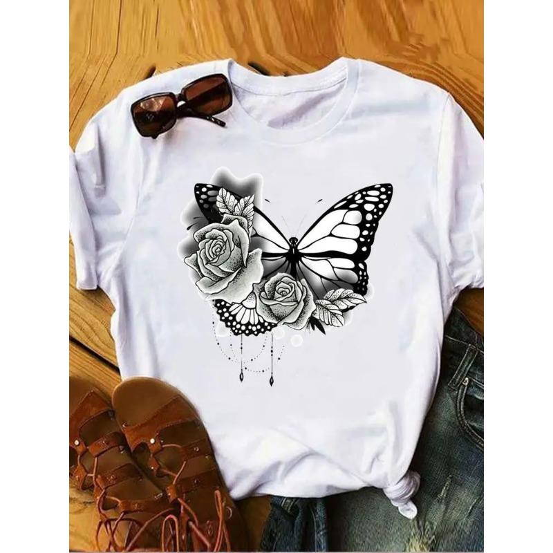 Love Heart Butterfly Trend Summer Clothes Womens Clothing Ladies Print Fashion Tshirts Short Sleeve FeUnisex Graphic Tee Fashion