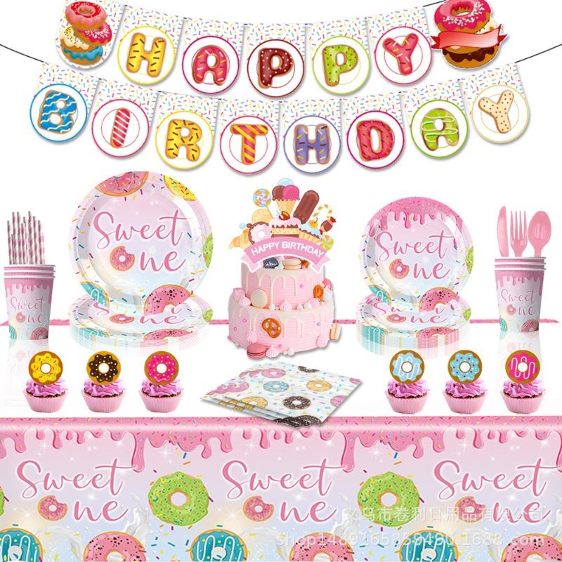 New Donuts Party Supplies Birthday Decorations Cutlery Paper Plates Tissue Tablecloths Banners Party Supplies