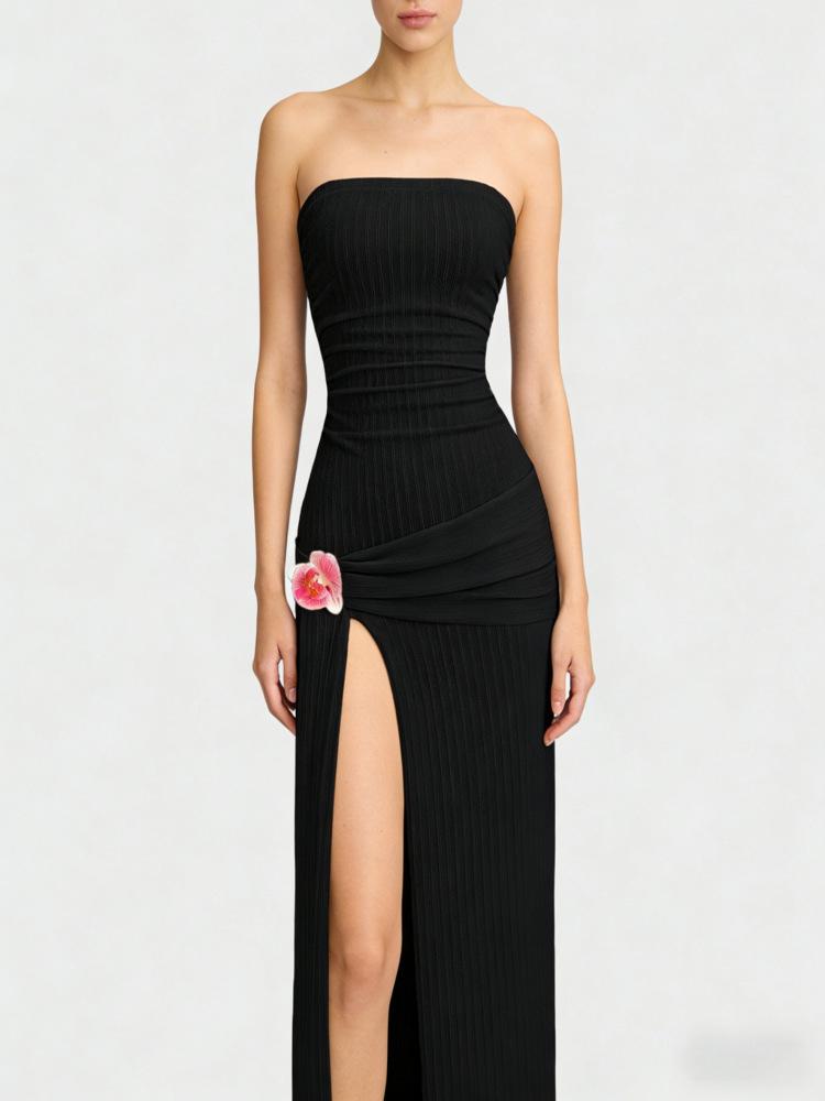 Elegant 3D Floral High Slit Knit Bodycon Mermaid Dress Large чёрный