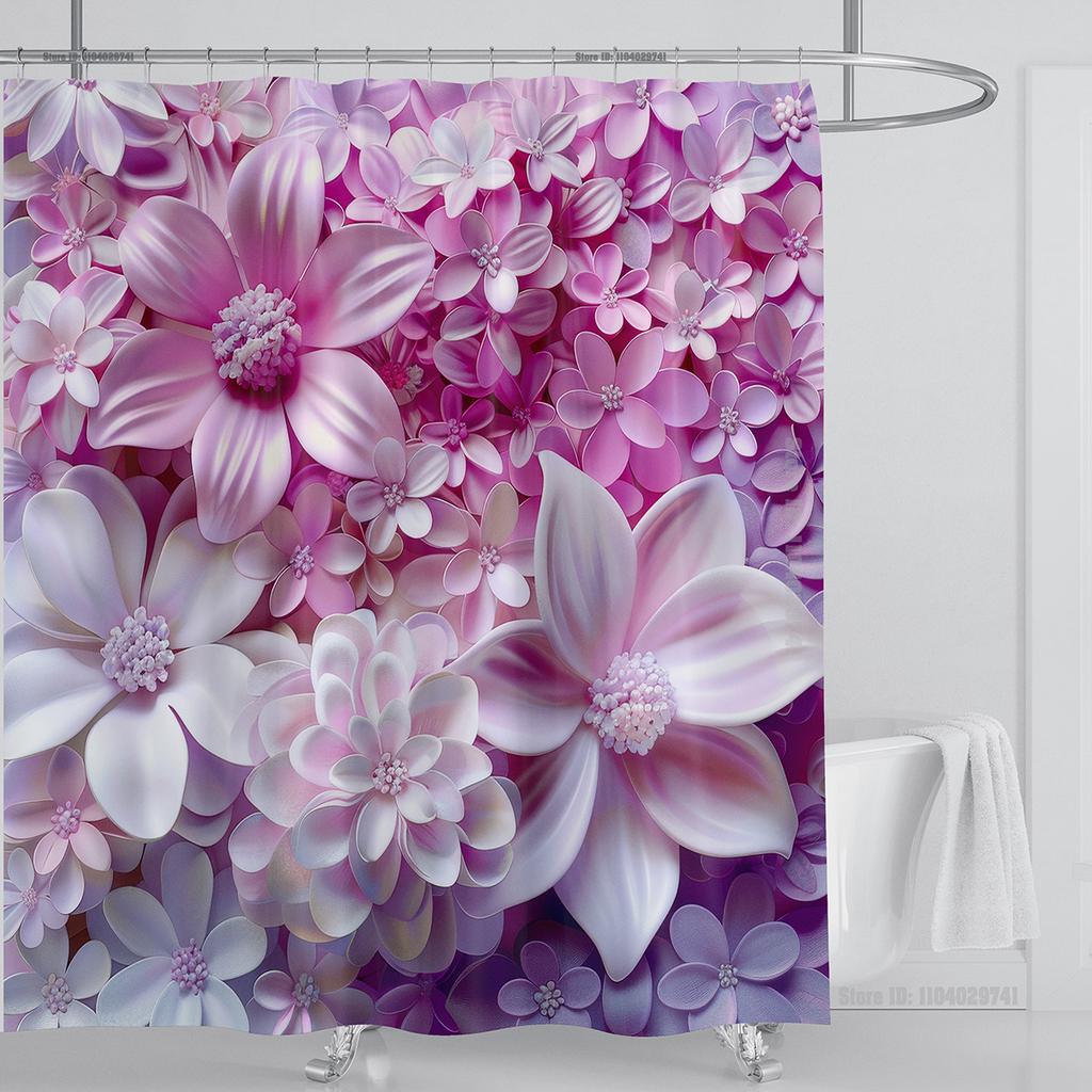 3D Red Floral Shower Curtain Set Pink Flower Design Fabric Bathroom Decor Waterproof Washable Shower Curtain Set with Hooks