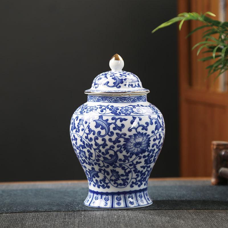 Gold-plated Ceramic Storage Jar Blue and White Porcelain Tea Jar Vintage Porcelain Storage Container Sealed Pot Art Decoration