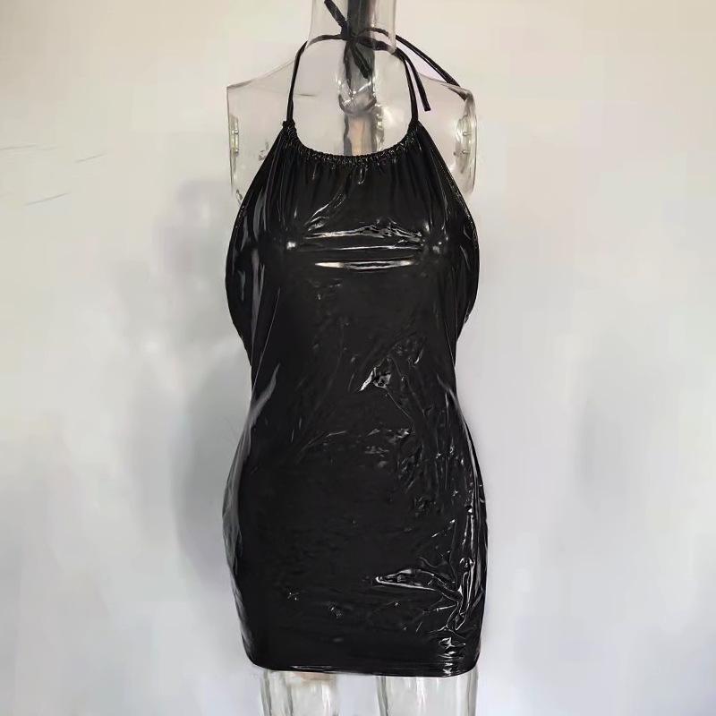 Summer Candy Color Faux Leather Halter Mini Dress: Sexy Backless Bodycon