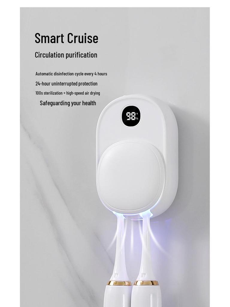 Portable Wall-Mounted UV Toothbrush Sterilizer and Dryer - Double Electric Brush Compatible, No-Punch Installation