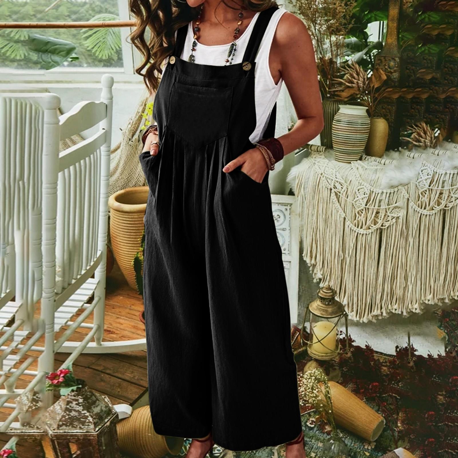 

Women s Summer Casual Color Sleeveless Sling Pocket Wide Leg Side Button Jumpsuit S чёрный