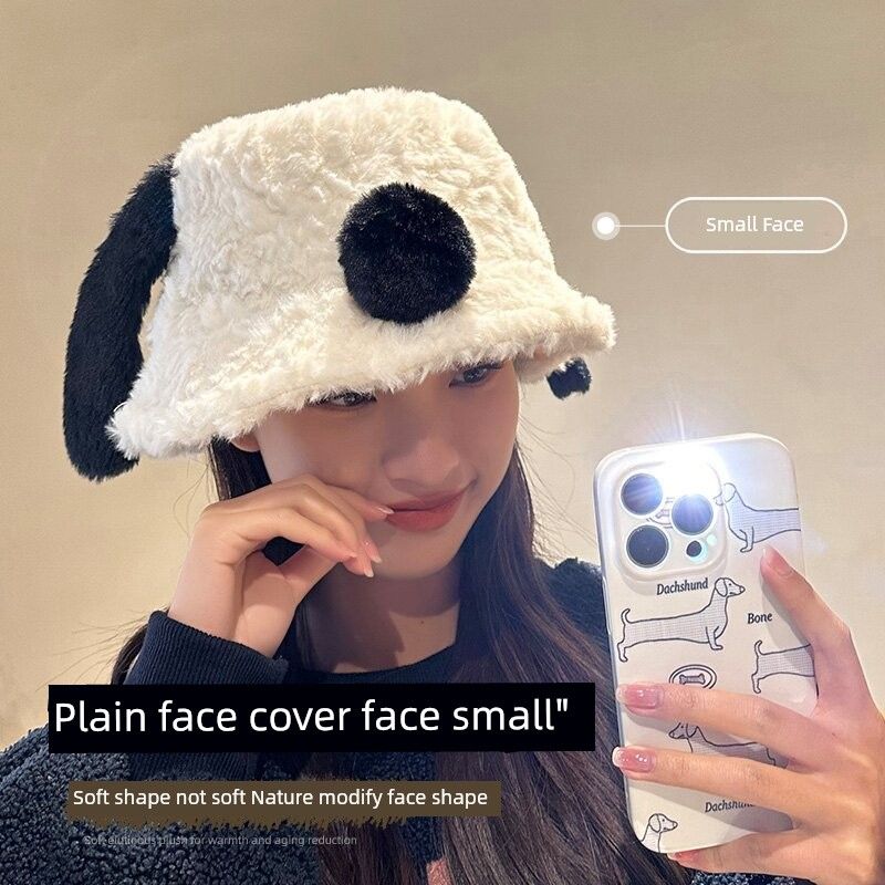 

Hat Women Berber Fleece Fisherman Hat Letter Fashion Japan fashion Versatile Korean Style White Furry Warm Basin Hat Autumn and Winter Puppy White One size