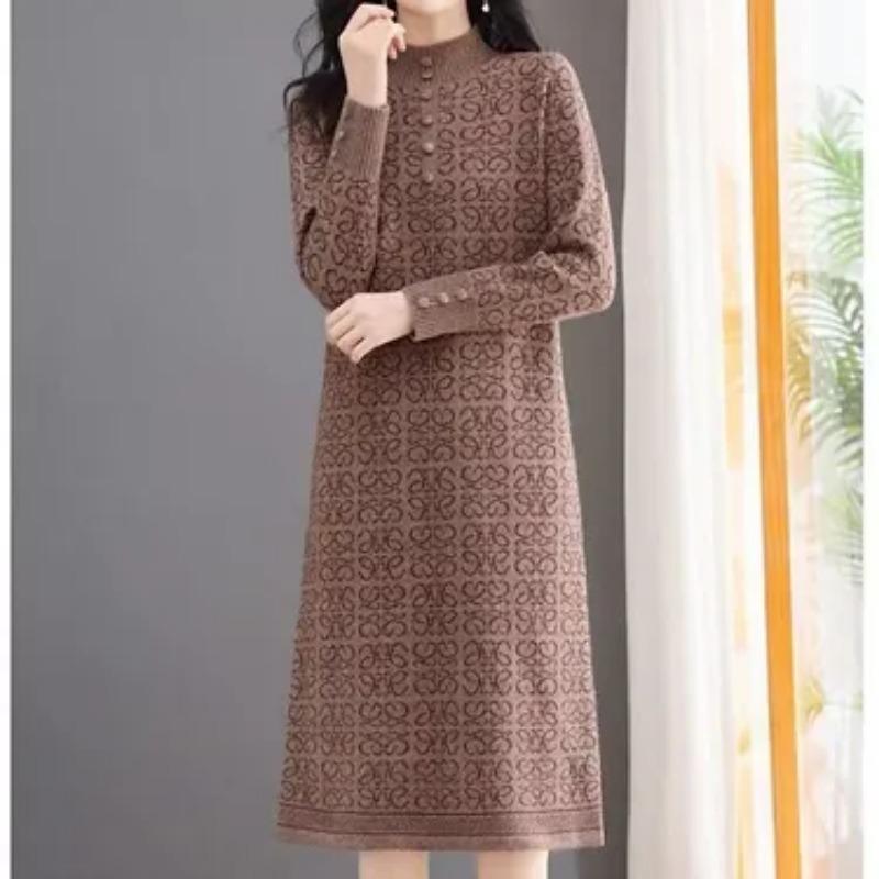 Women Turtleneck Thick Knitted Long Sleeve Midi Dress Casual Loose Plus Size Winter Sweater Dress