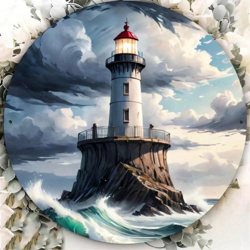 Lighthouse Metal Wall Art Round 7.8 Inch HD Print Coastal Home Decor Living Room Bedroom Bathroom Kitchen