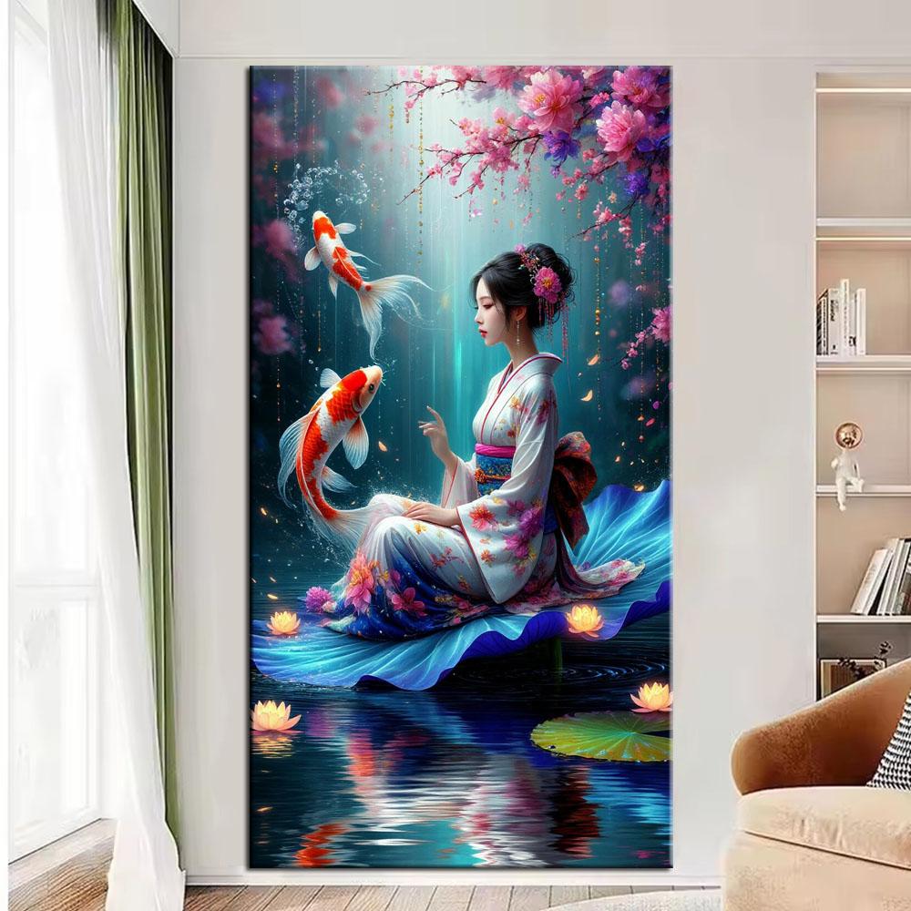Large Size Mosaic DIY Full Diamond Painting Kits Art Beautiful Japanese Geisha and Koi Fish Embroidery Cross Stitch Rhinestones