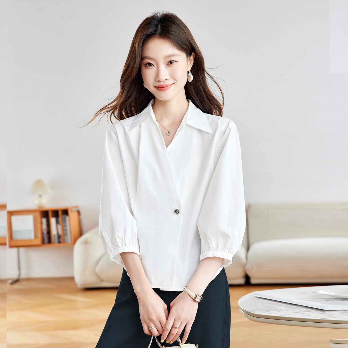 

Women s White Long-Sleeve Pure Cotton V-Neck Shirt, Autumn 2025 French Style XXL белый