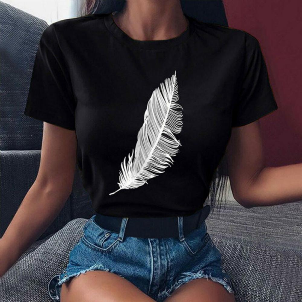 Creative Feathers Women Tshirt Fashionable White Feather Print Tshirt Durable Plussize Casual Tshirt Daily Streetwear