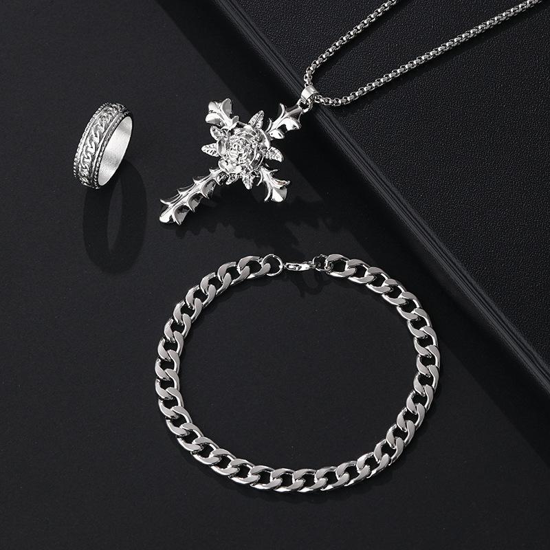 3Pcs Set Men'S Stainless Steel Metal Cross Pendant Chain Necklace Bracelet Ring Jewelry Set Male Hip Hop Daily Wear Accessories