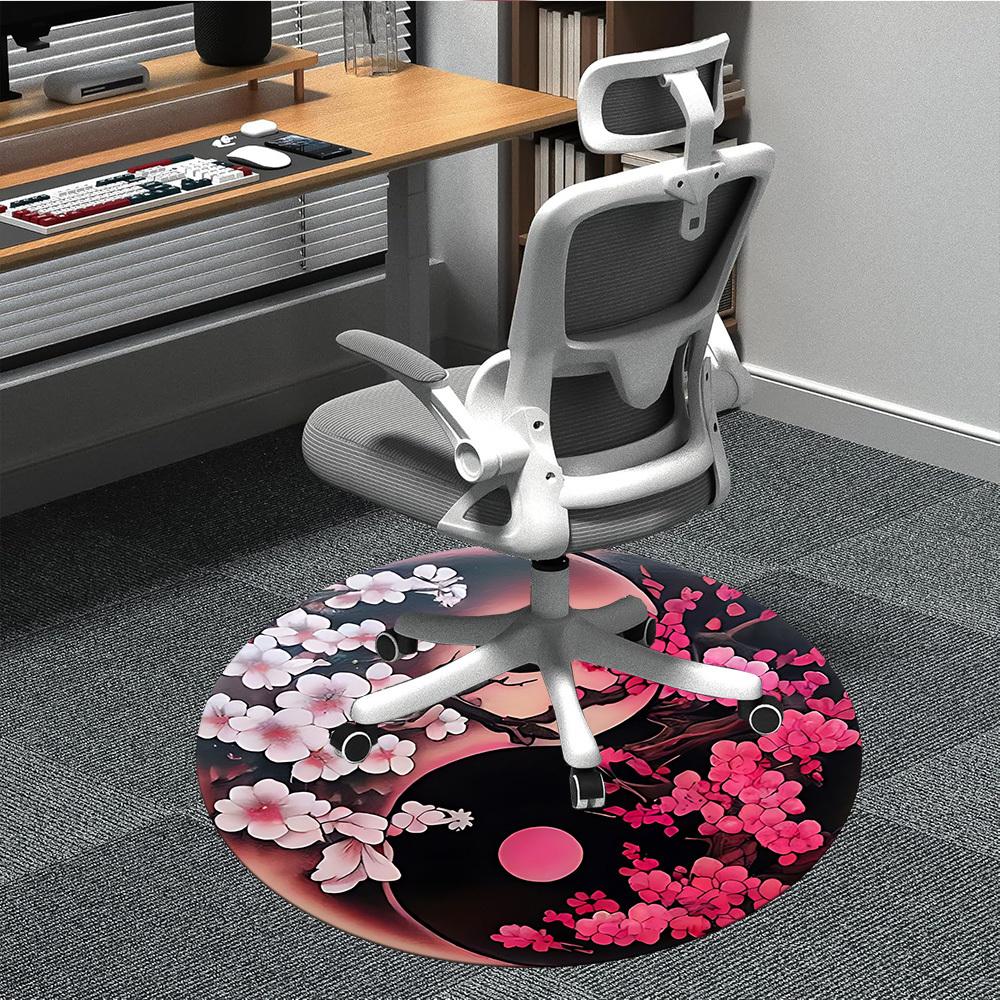 1PC Cherry Blossom Yin Yang Office Round Rug, Non slip, Soft and Durable Office Rug for Interior Decoration, Perfect for Office
