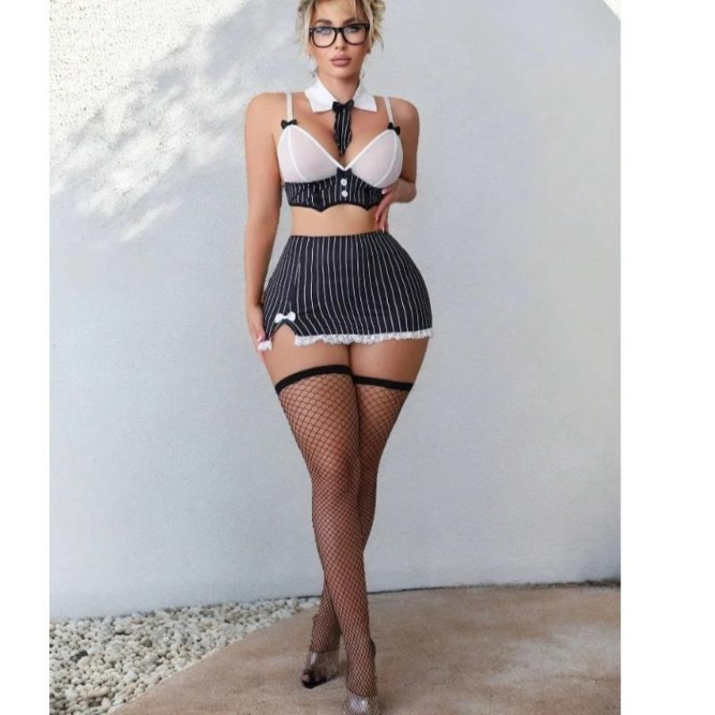 Teacher Cosplay Sexy Lingerie Set 6-Piece Striped Underwear Pure Desire Sexy Disguise Role-Playing Suit Erotic Underwear Sets