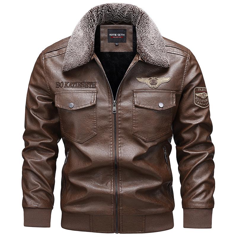 Men's European Winter PU Leather Jacket with Velvet Collar - Large, Warm, Windproof Motorcycle Style
