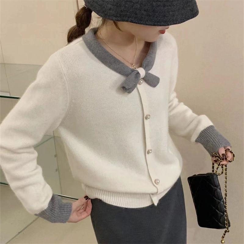 French gentle style spring new sweater small bow round neck long sleeved contrasting red women's knitted cardigan