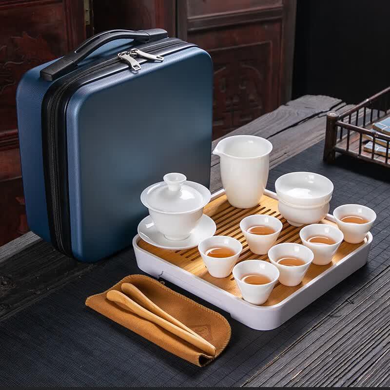 Tuopai 10-Piece Suet Jade Porcelain Travel Tea Set