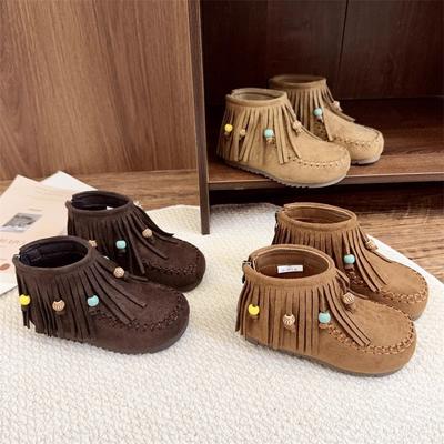 Girls' Soft Leather Tassel Ankle Boots Maillard Vintage Leather Boots